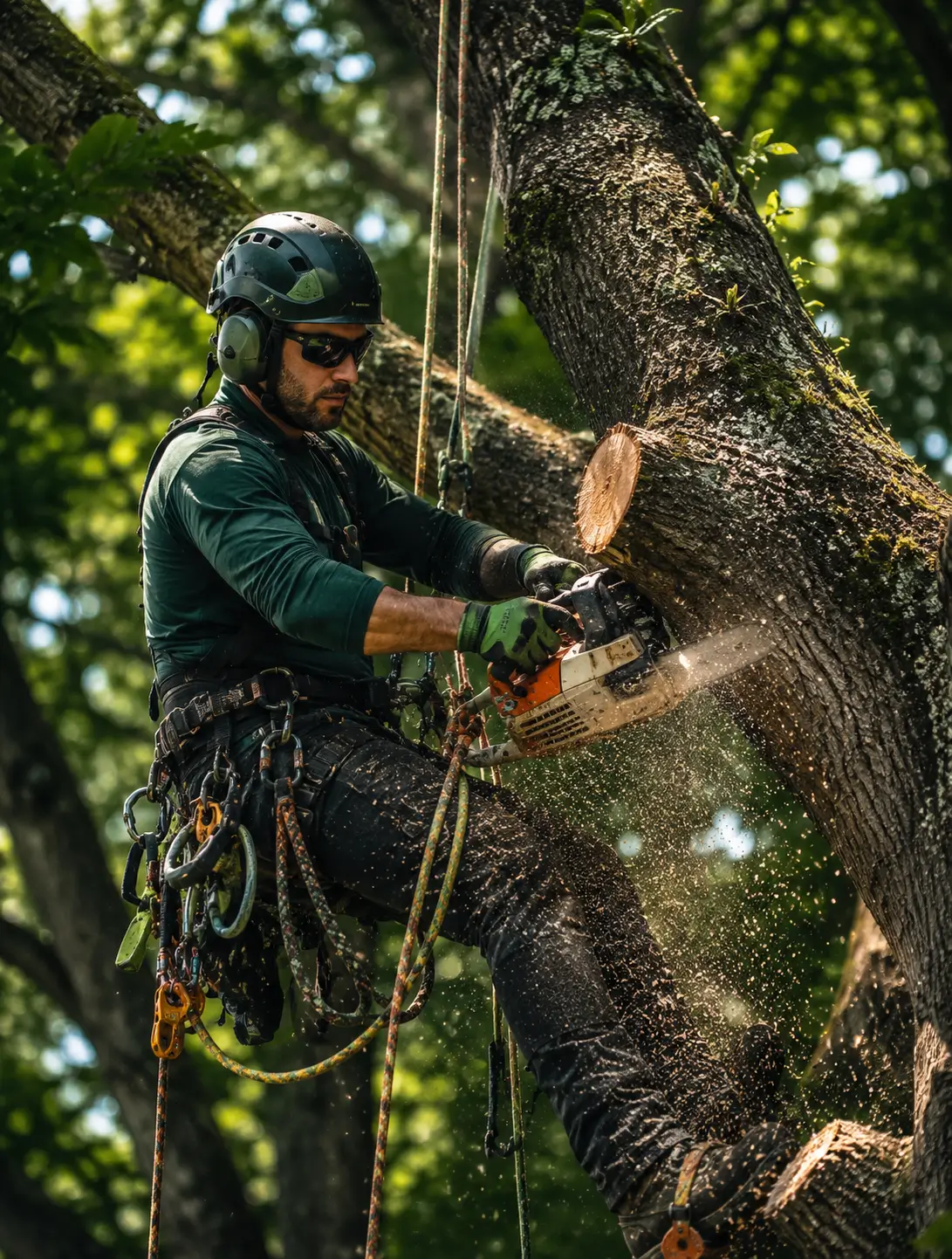 Arboricultor em trabalho profissional de poda